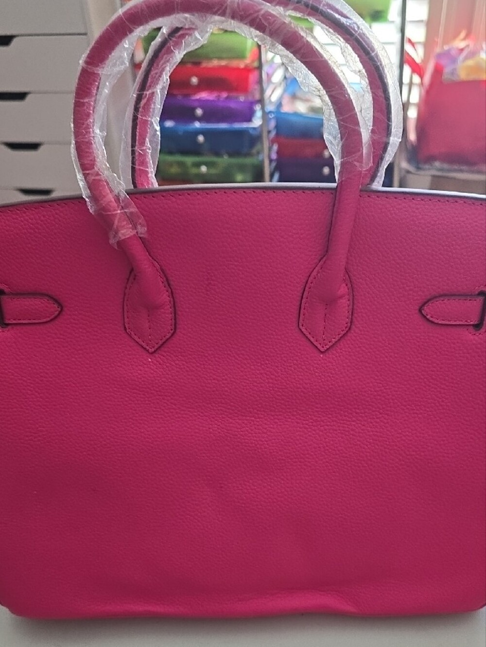 Women’s Hot Pink Structured Tote Bag with Gold Hardware - Picture 2 of 6